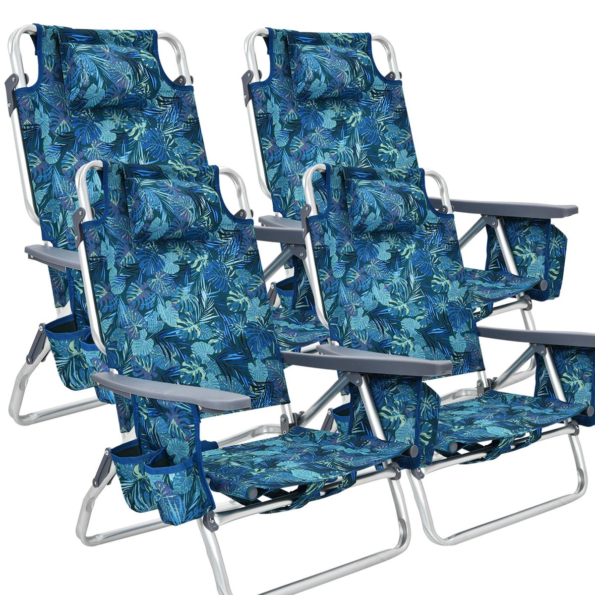 5-Position Outdoor Folding Backpack Beach Reclining Chair with Pillow (4-Pack) - 4Pcs Beach Chair-Navy
