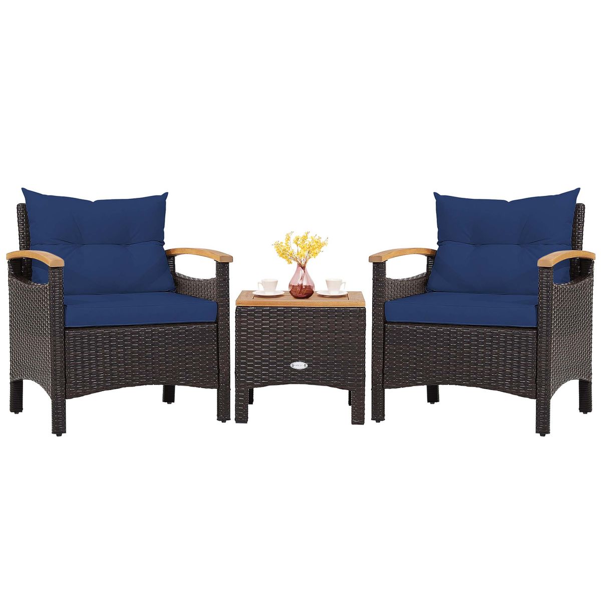 3-Piece Patio Rattan Furniture Set with Tabletop and Cushions - Mix Brown, Navy