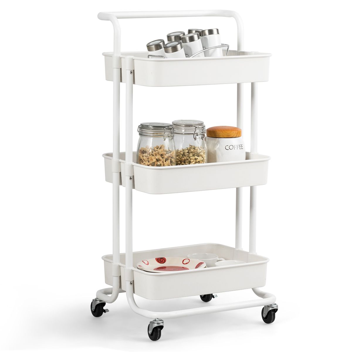 3-Tier Utility Cart Storage Rolling Cart with Casters - White