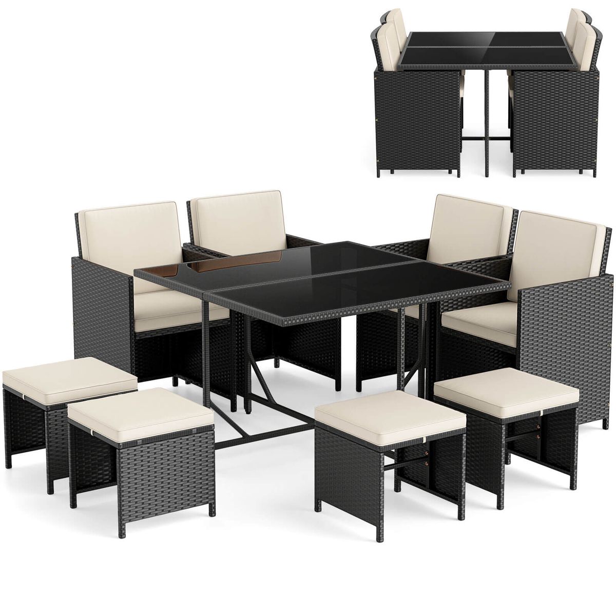 9-Piece Patio Dining Set with Tempered Glass Table and Ottoman - Off-White