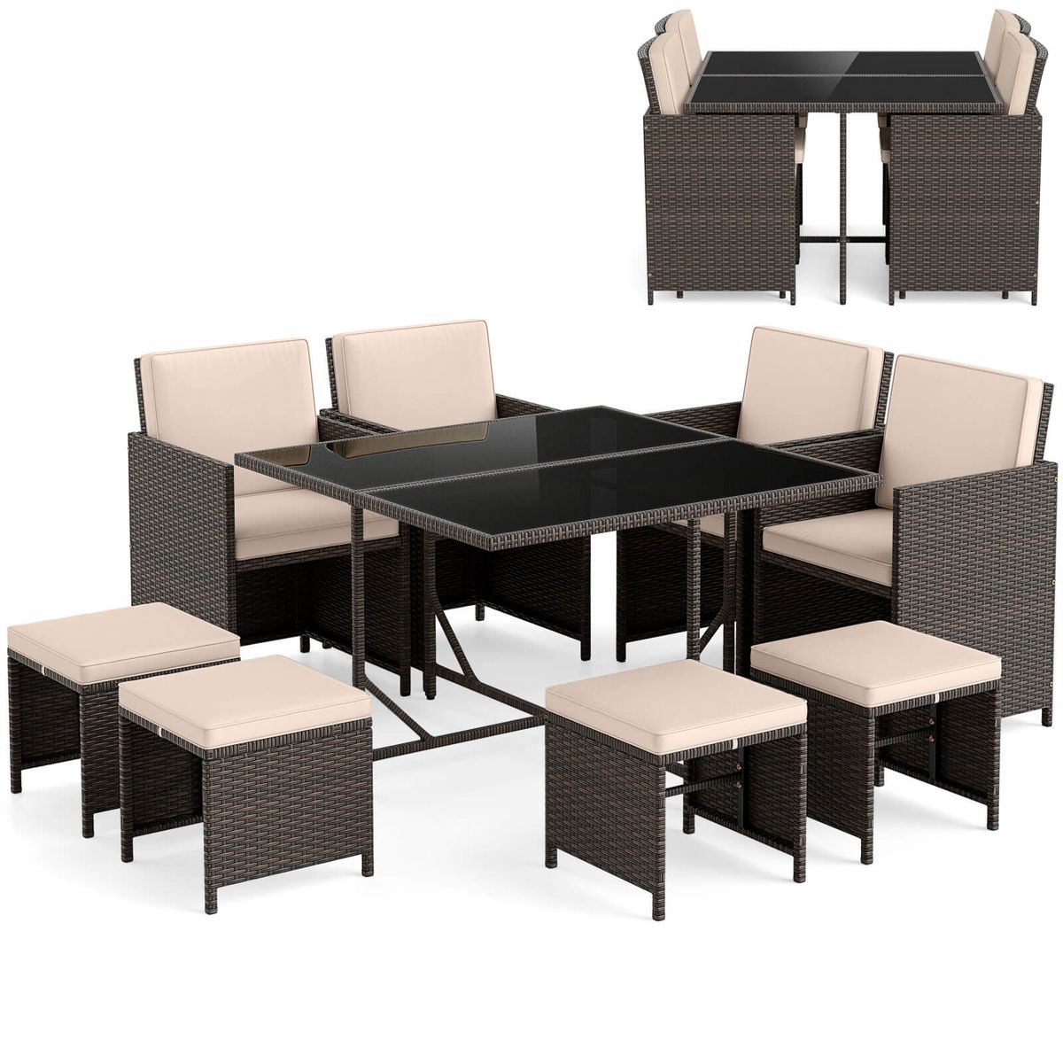9-Piece Patio Dining Set with Tempered Glass Table and Ottoman - Beige