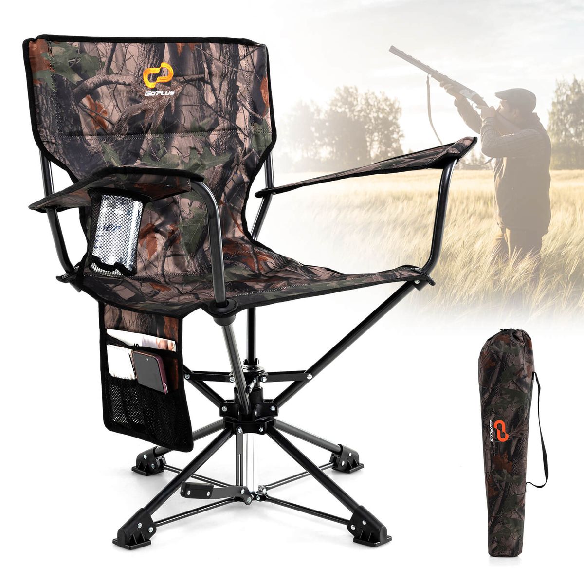 360° Swivel Hunting Chair with Mesh Cup Holder and Storage Pockets - Dark Camo