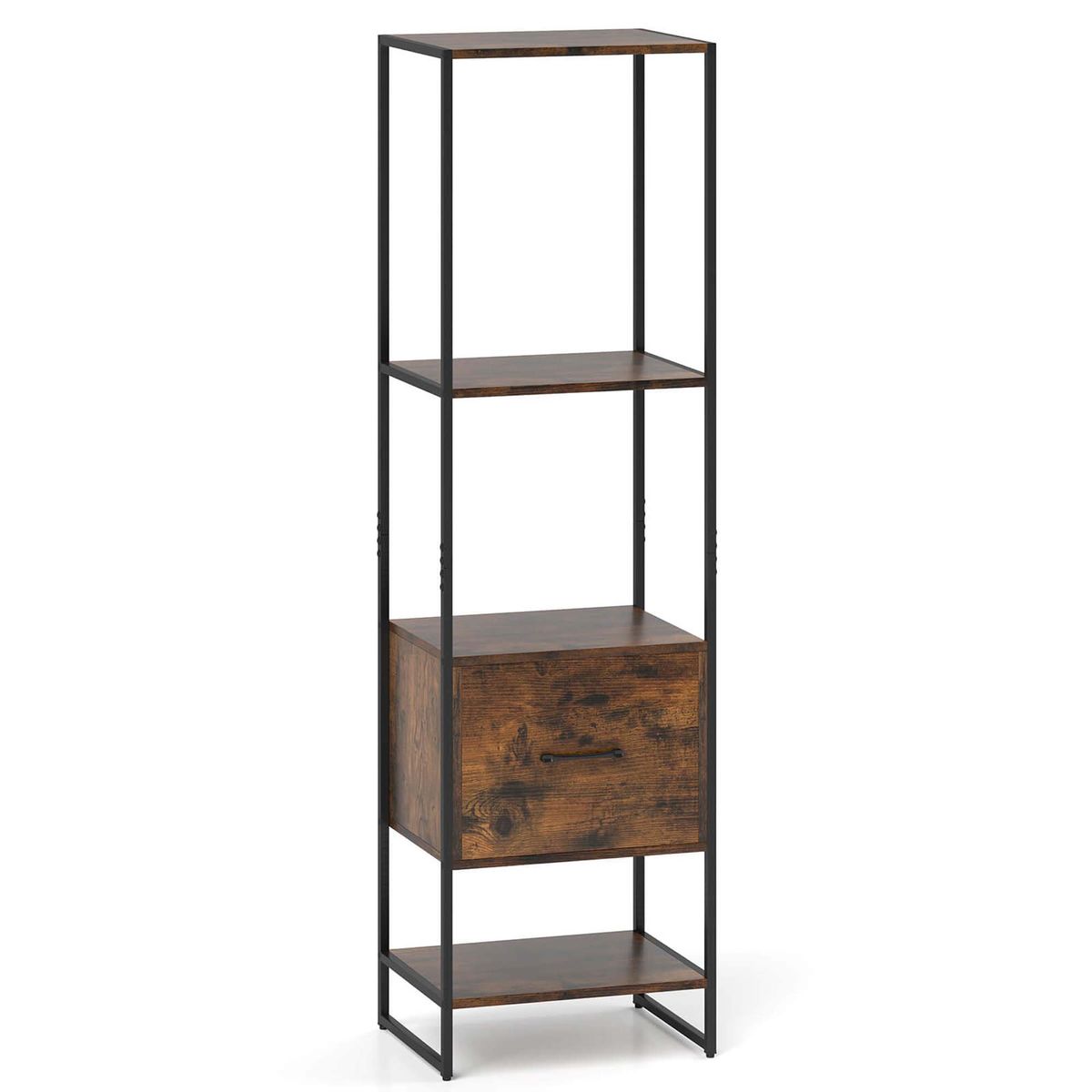 5-Tier Bookshelf with Open Shelves and Drawers - Brown-1-Pack