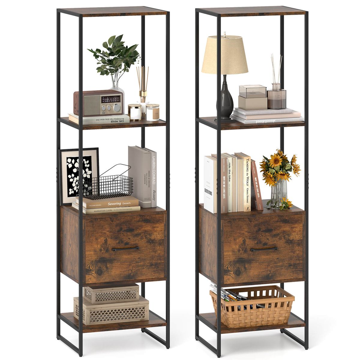5-Tier Bookshelf with Open Shelves and Drawers - Brown, 2-Pack