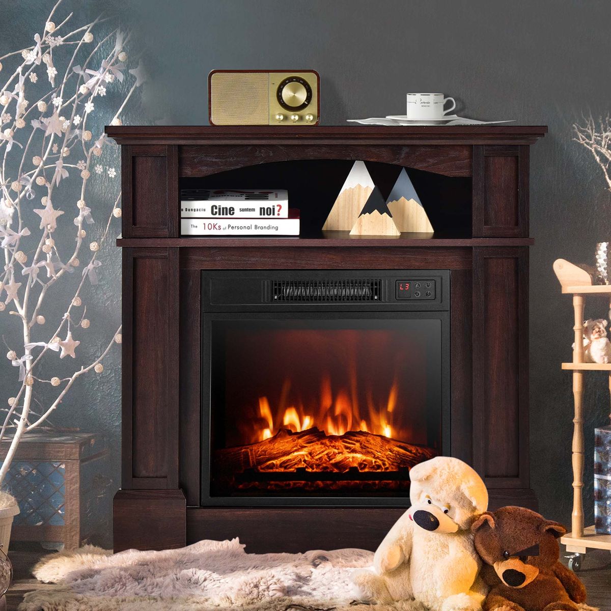 32-Inch 1400W Electric TV Stand Fireplace with Shelf & Remote - Fireplace-Brown