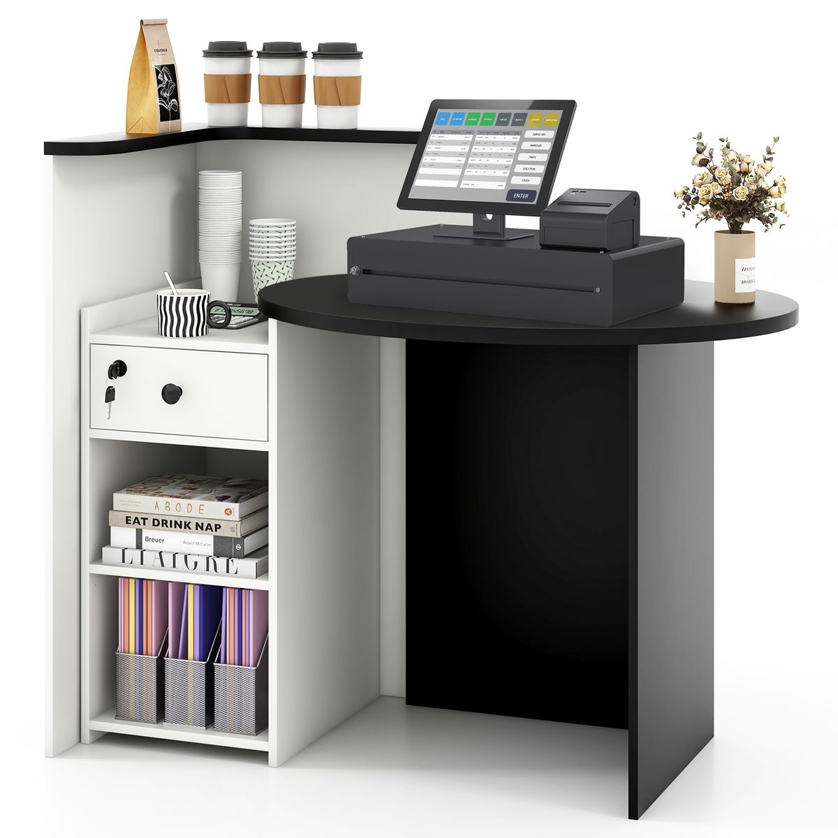 Counter Desk with Side Shelves  - Black table and white shelf