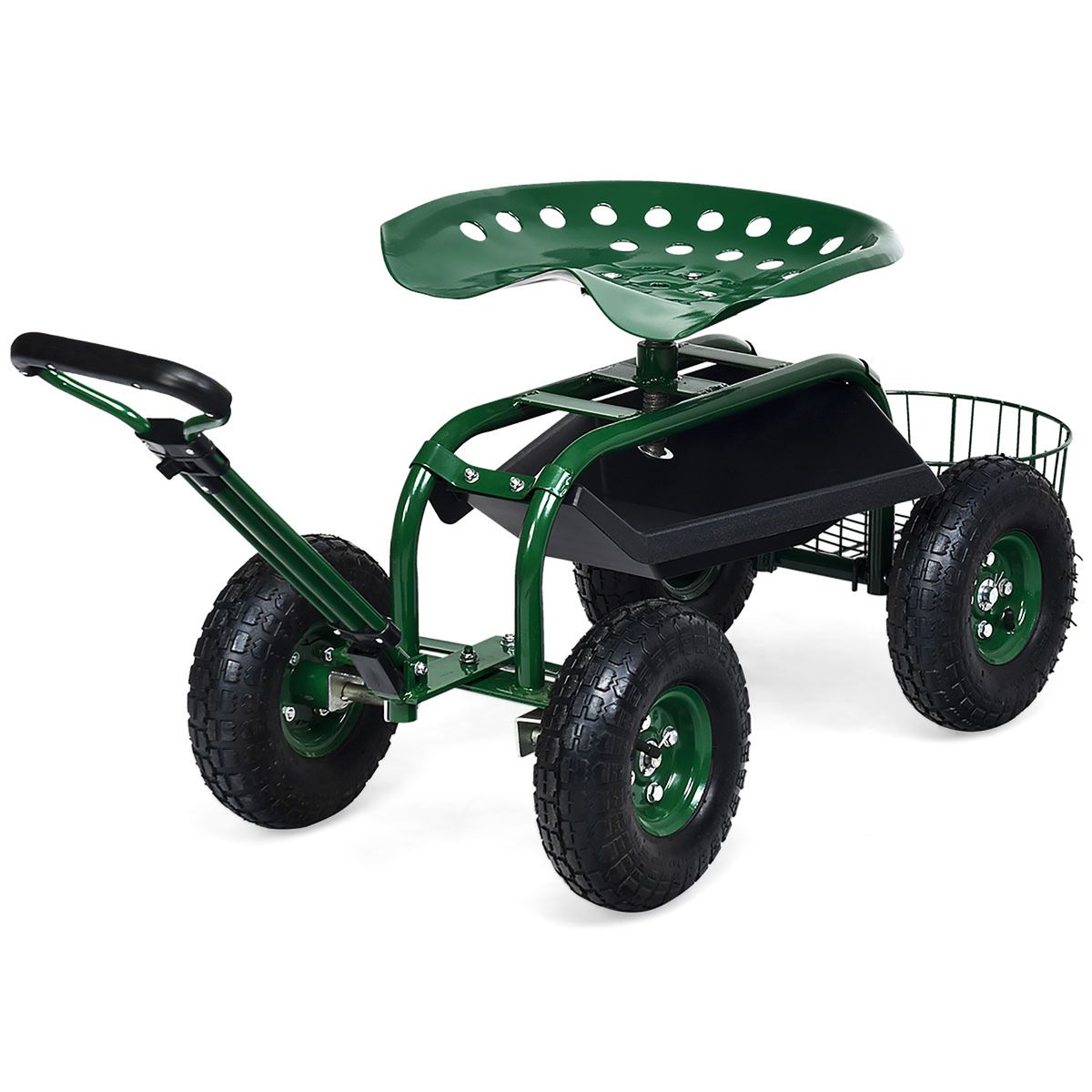 Heavy-Duty Garden Cart with Tool Tray & 360-Degree Swivel Seat - Costway Garden Cart Rolling Wo