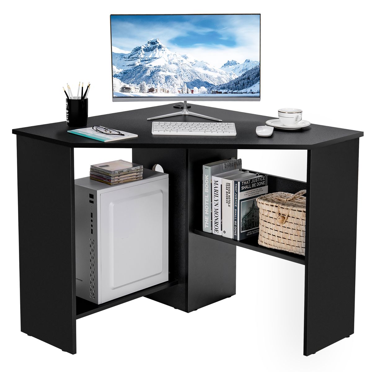 Corner Computer Desk Workstation with Storage Shelf - Black