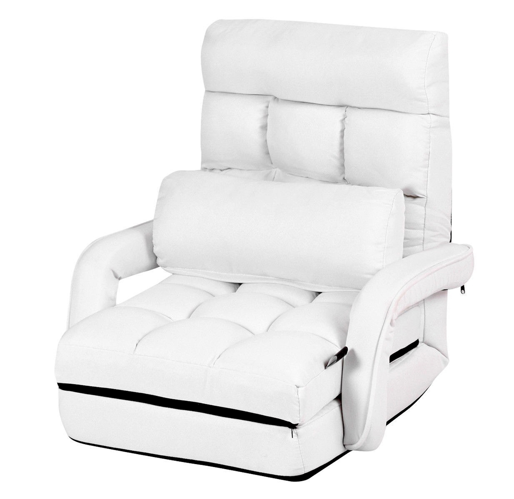 Folding Lazy Floor Chair with Armrests and Pillow - White