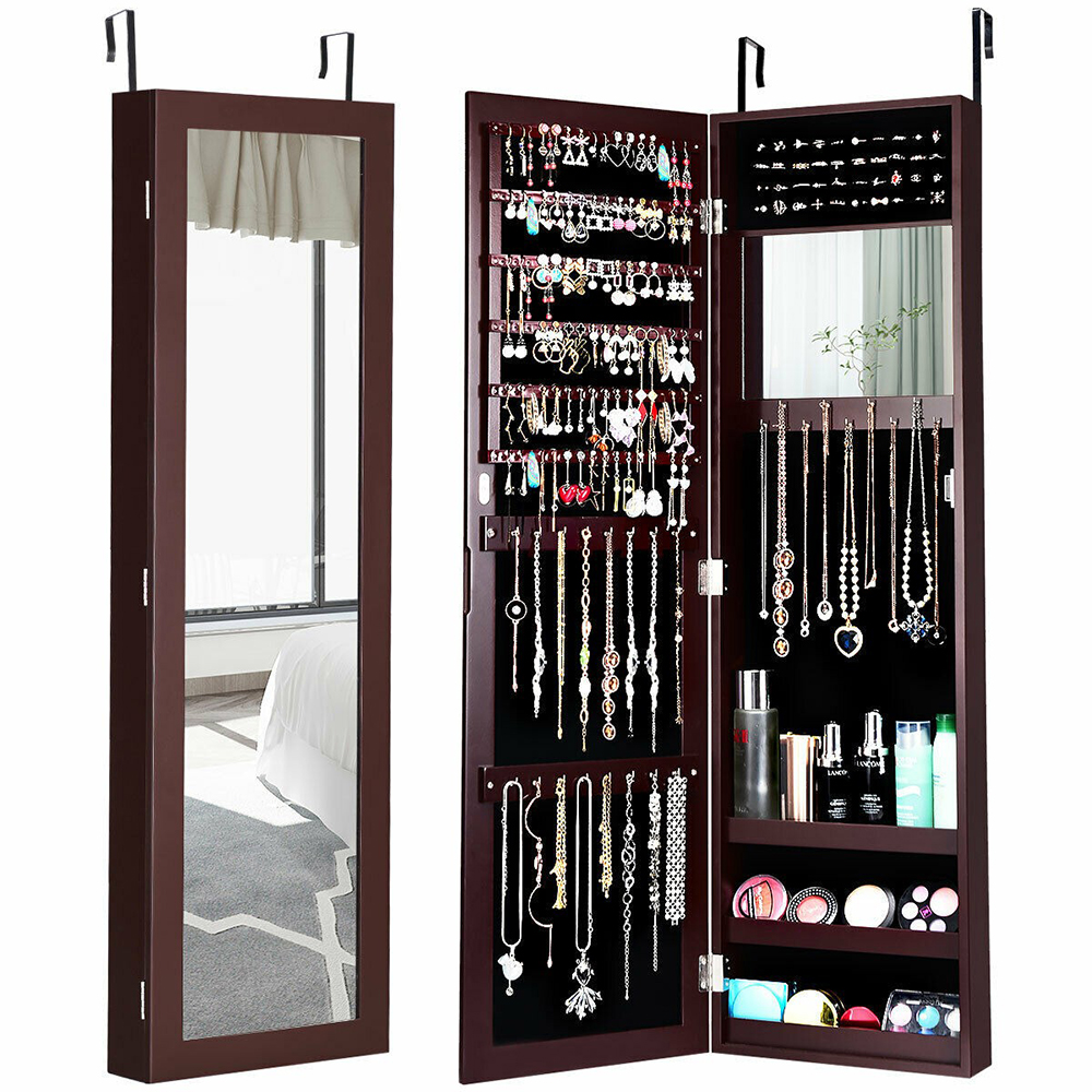 Wall or Door Mounted Mirrored Jewelry Cabinet - Jewelry Cabinet-Reddish Brown