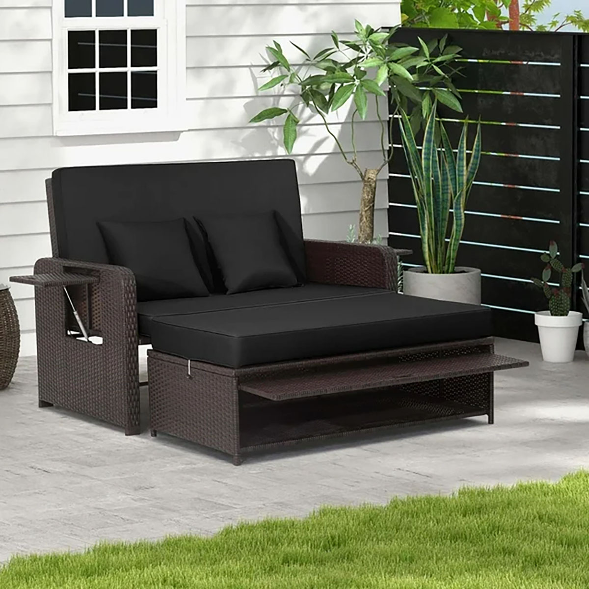Patio Rattan Daybed with 4-Level Adjustable Backrest & Retractable Side Tray - Rattan Daybed DK