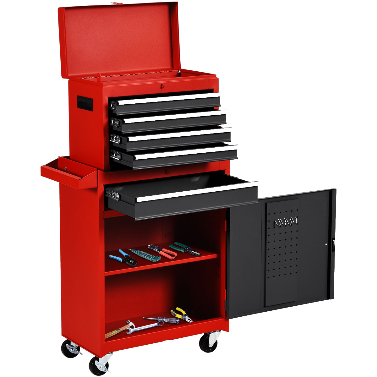 2-in-1 Tool Chest and Cabinet with 5 Drawers - Tool Chest -Black & Red