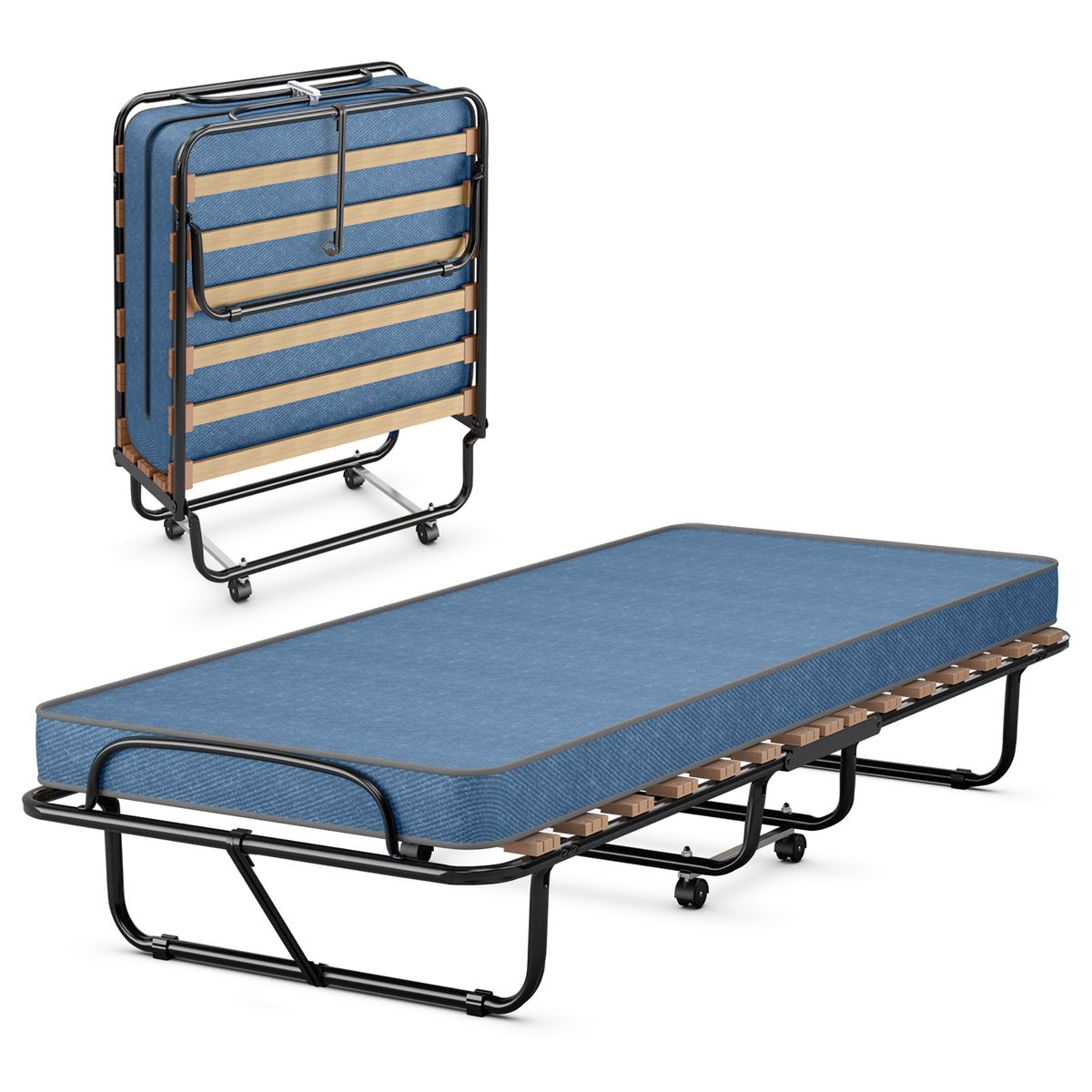Foldable Rollaway Cot Bed with Mattress  - Folding Bed -Navy