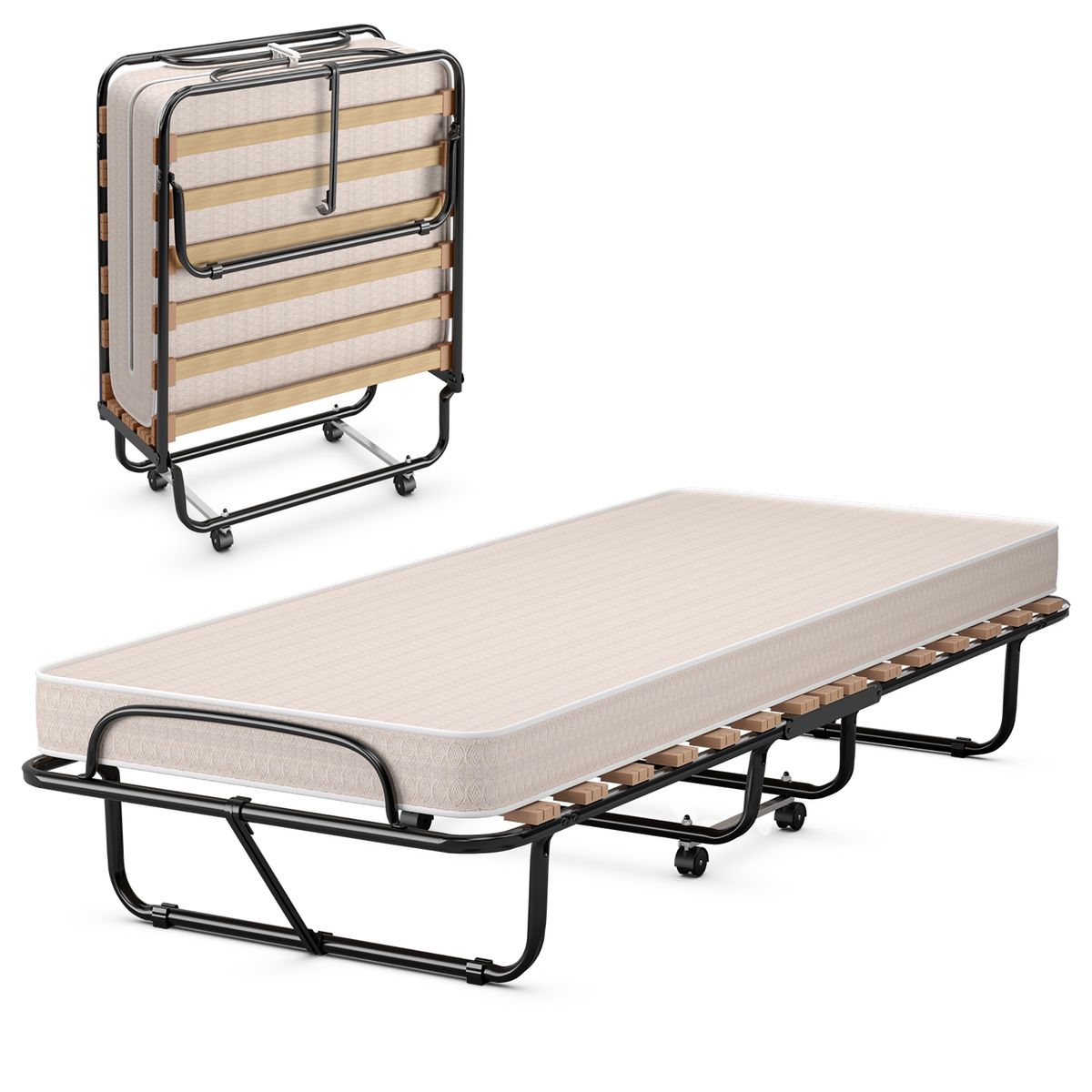 Foldable Rollaway Cot Bed with Mattress - Folding Bed -Beige