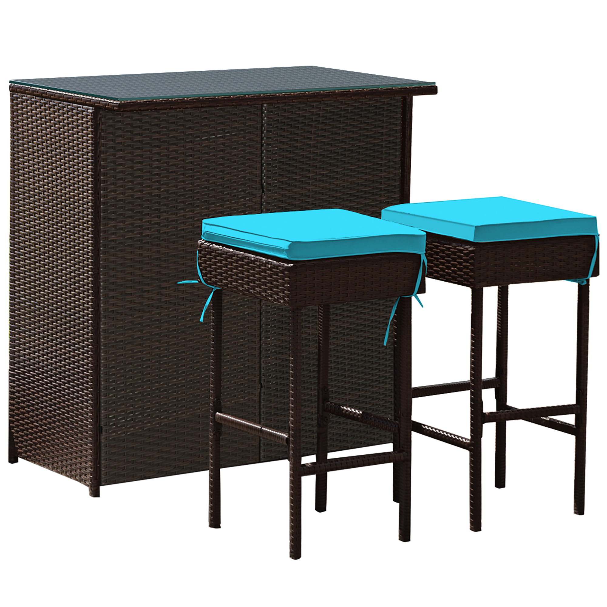 3-Piece Outdoor Rattan Wicker Bar Set with 2 Cushion Stools - 3-Piece Rattan Bar Stool Set - Turquoise