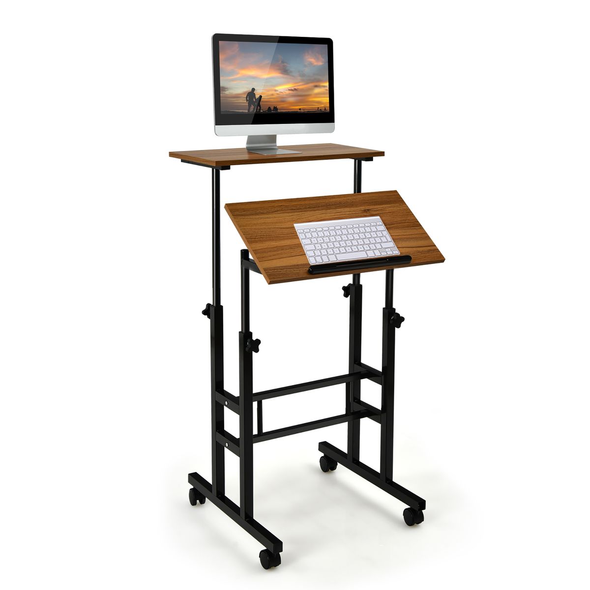 Height-Adjustable Mobile Standing Desk with Rolling Wheels - Walnut