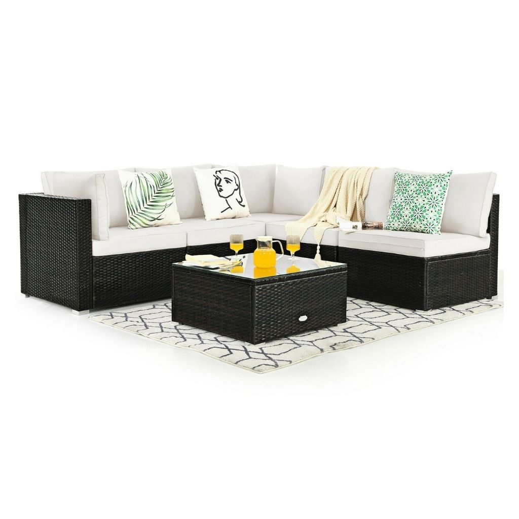 6-Piece Rattan Patio Furniture Set with Glass Top Table - White