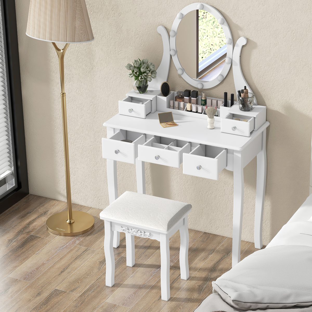 Vanity Table Set with 10 Light Bulbs  - Vanity Table Set-White