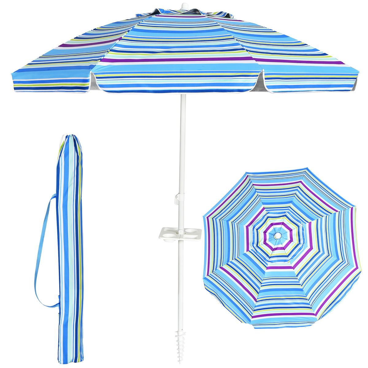7.2-Foot Portable Outdoor Beach Umbrella with Sand Anchor & Tilt Mechanism - Beach Umbrella-Blue