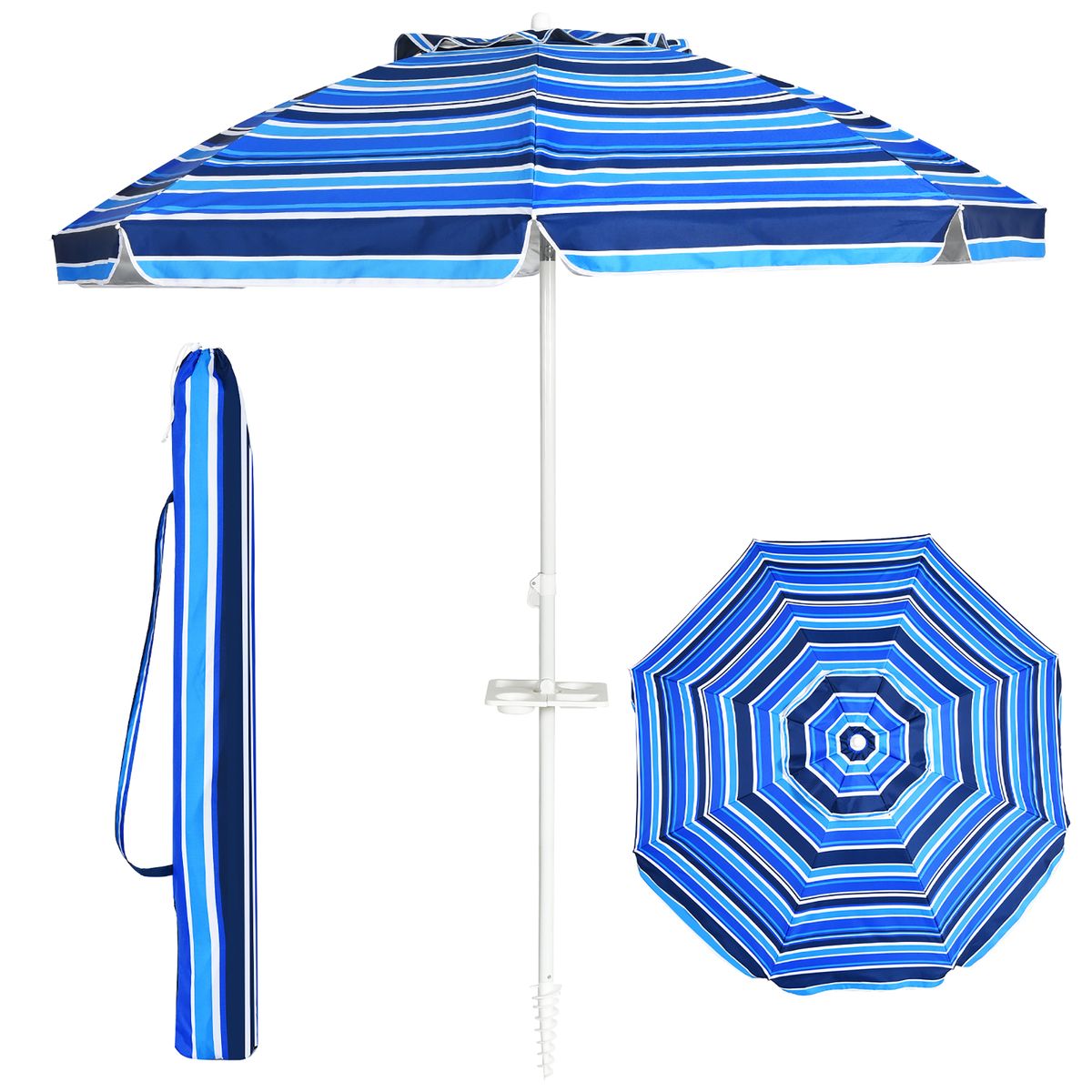 7.2-Foot Portable Outdoor Beach Umbrella with Sand Anchor & Tilt Mechanism - Beach Umbrella-Navy