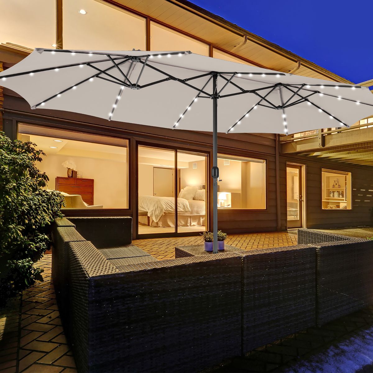 15-Foot Double-Sided Patio Umbrella with 48 Solar LED Lights - Beige