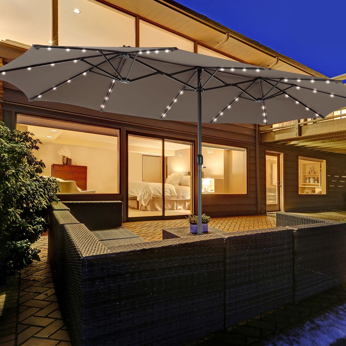 15-Foot Double-Sided Patio Umbrella with 48 Solar LED Lights - Coffee