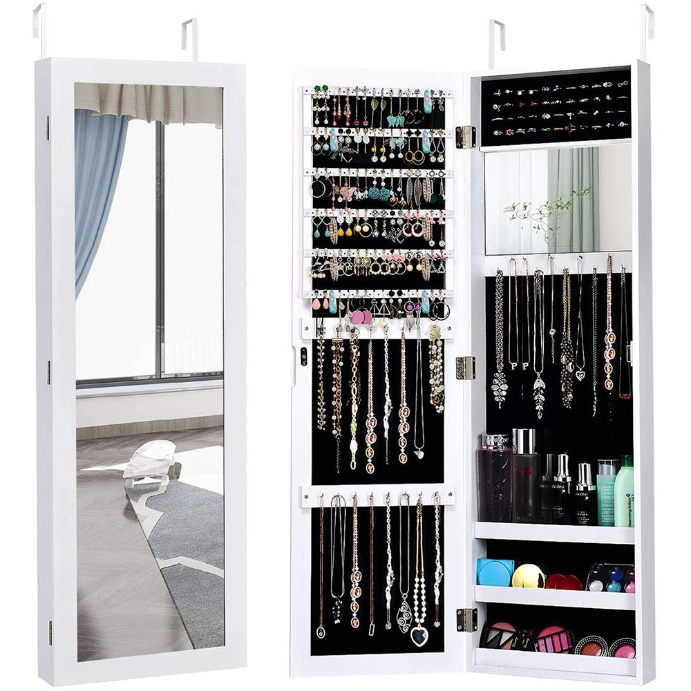 Wall or Door Mounted Mirrored Jewelry Cabinet - White