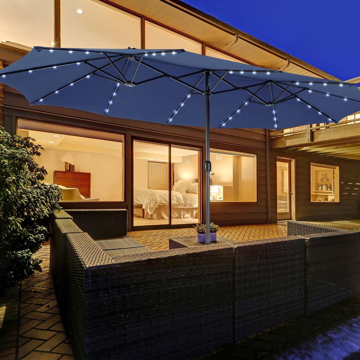 15-Foot Double-Sided Patio Umbrella with 48 Solar LED Lights - Navy