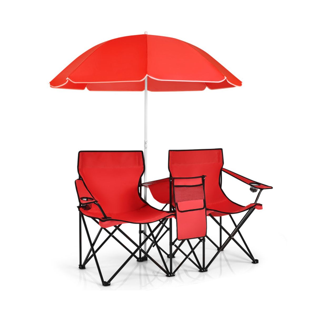 Folding Double Chair with Umbrella - Folding Picnic Double Chair-Red