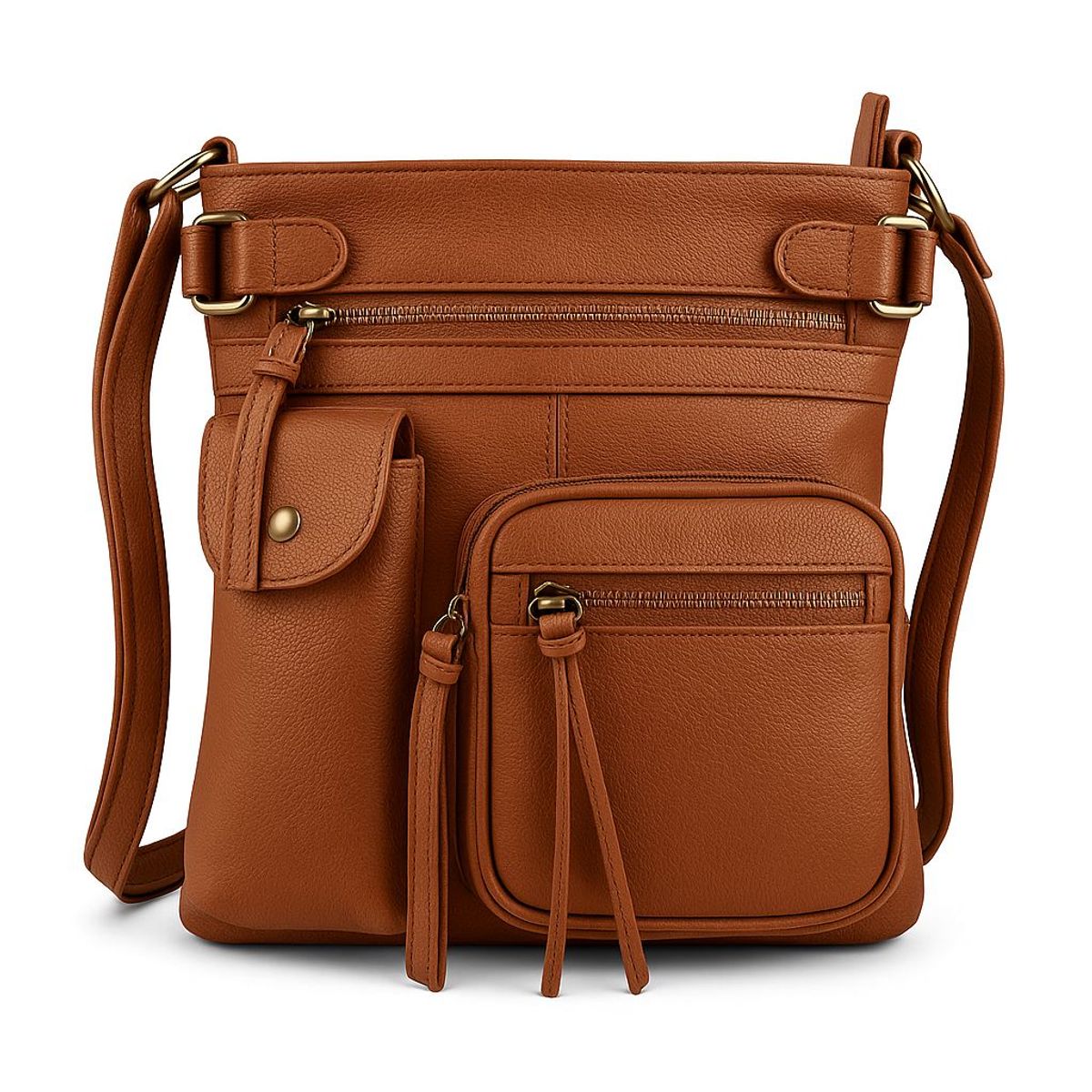 Super Soft Genuine Leather Crossbody Bag with Top Belt Accent - Brown