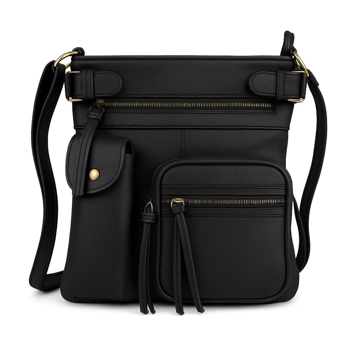 Super Soft Genuine Leather Crossbody Bag with Top Belt Accent - Black