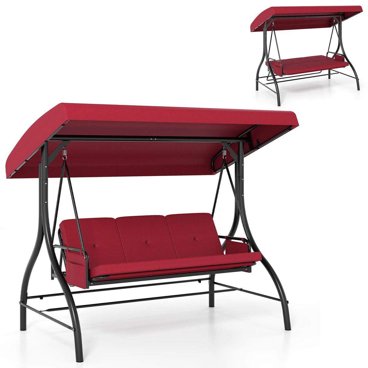 3-Seat Patio Swing with Canopy with Removable Cushions and Side Pocket - Red