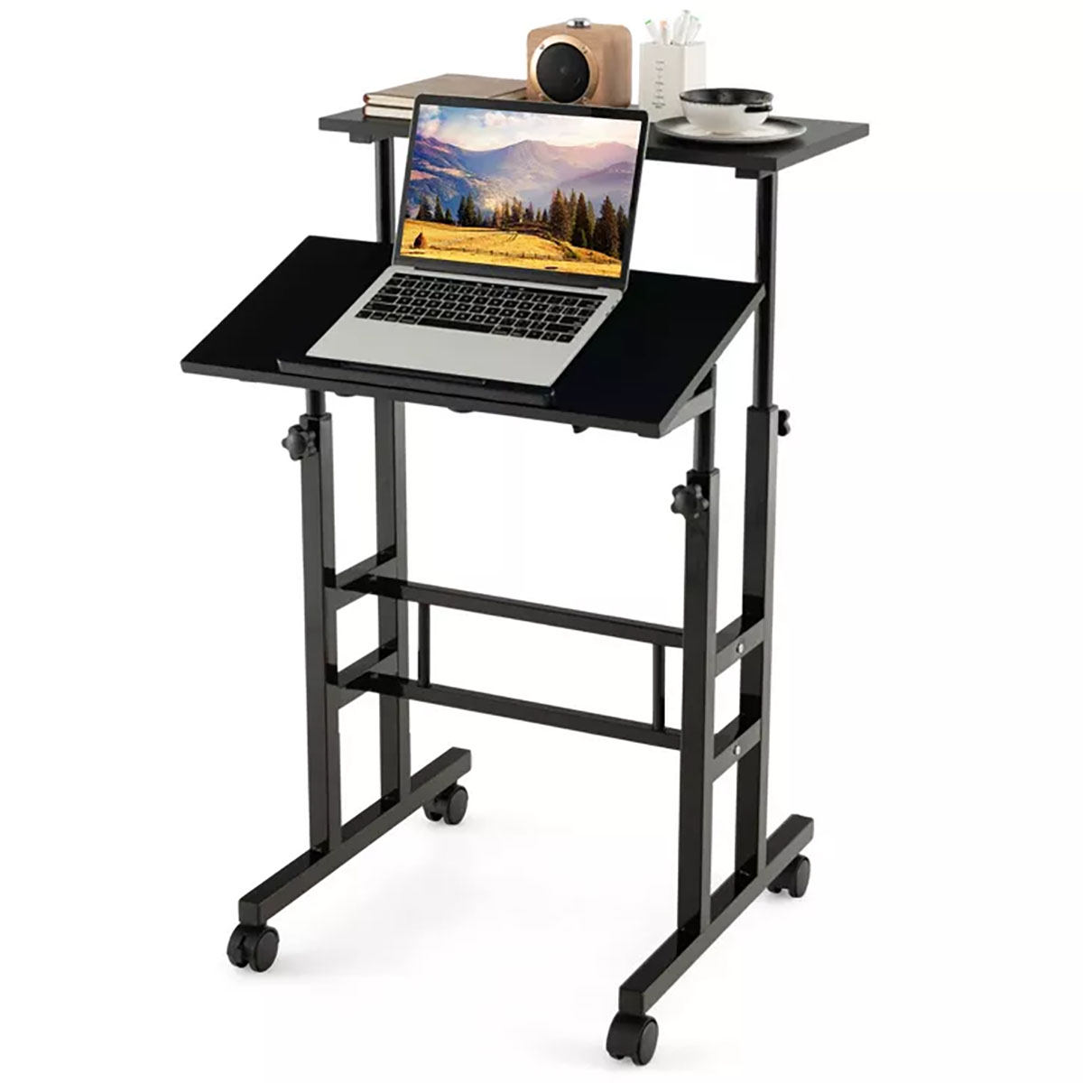 Height-Adjustable Mobile Standing Desk with Rolling Wheels - Black