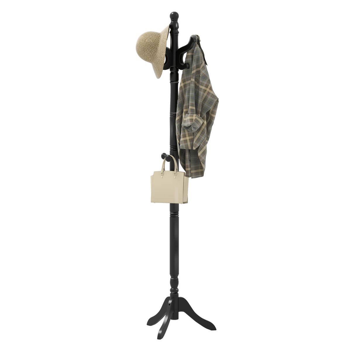 Solid Rubber Wood Coat Rack with 3 Adjustable Heights and 11 Hooks - Black