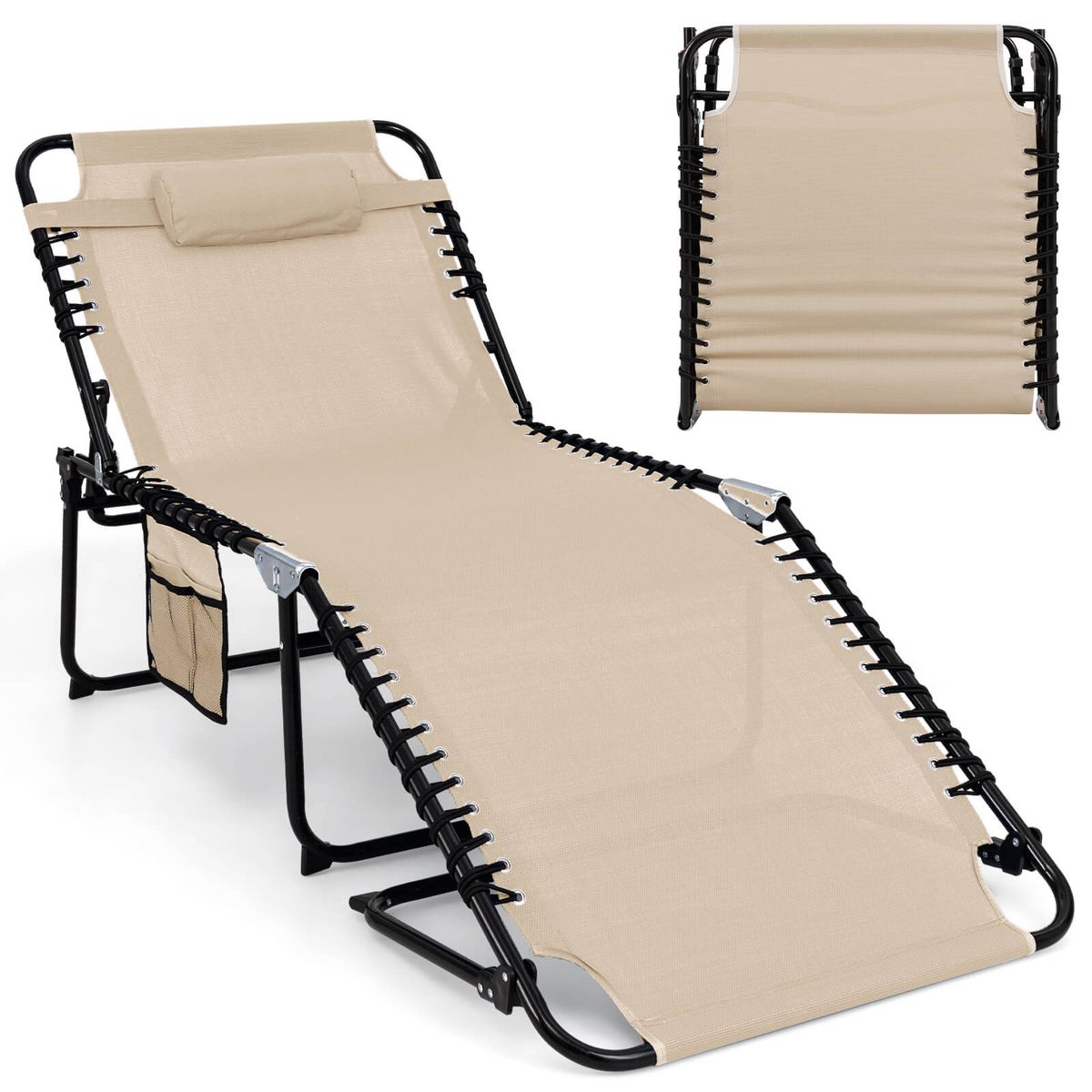 Oversize Folding Chaise Lounge with Adjustable Backrest and Footrest - Beige, 1-Pack