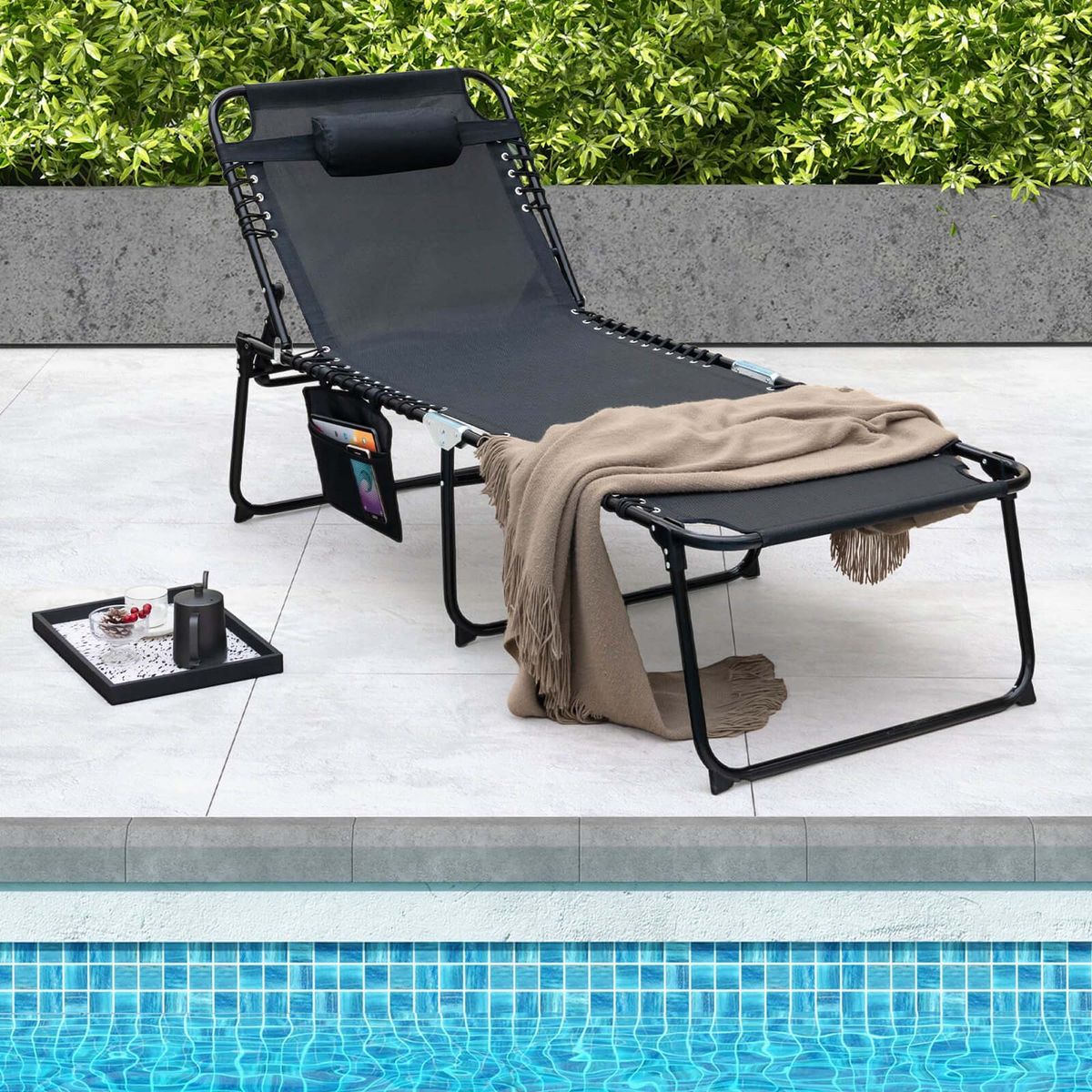 Oversize Folding Chaise Lounge with Adjustable Backrest and Footrest - Black, 1-Pack