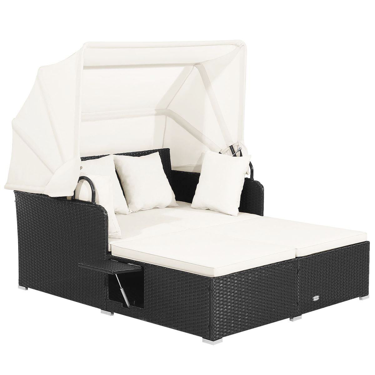 Patio Rattan Daybed Lounger with Retractable Canopy and Pop-up Side Tables - White