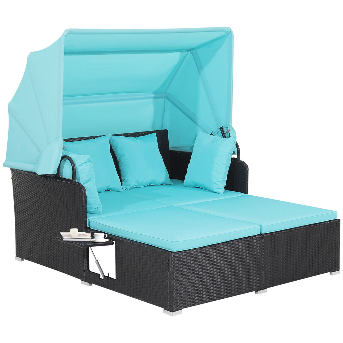 Patio Rattan Daybed Lounger with Retractable Canopy and Pop-up Side Tables - Turquoise