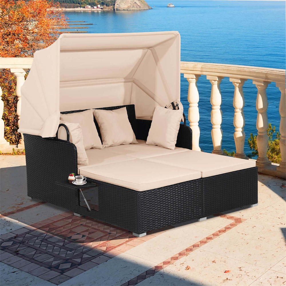 Patio Rattan Daybed Lounger with Retractable Canopy and Pop-up Side Tables - Beige