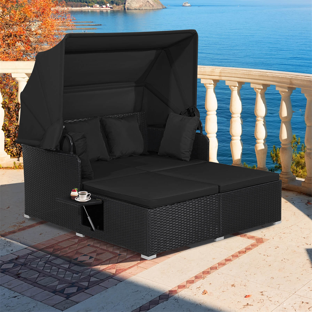 Patio Rattan Daybed Lounger with Retractable Canopy and Pop-up Side Tables - Black
