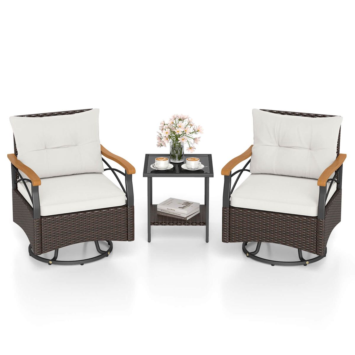 3-Piece Outdoor Swivel Chair Set with 2-Tier Tempered Glass Side Table - Off-White