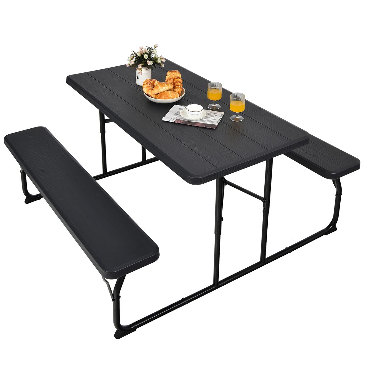 Folding Picnic Table Bench Set with Wood-Like Texture - Picnic Table Bench Set Black