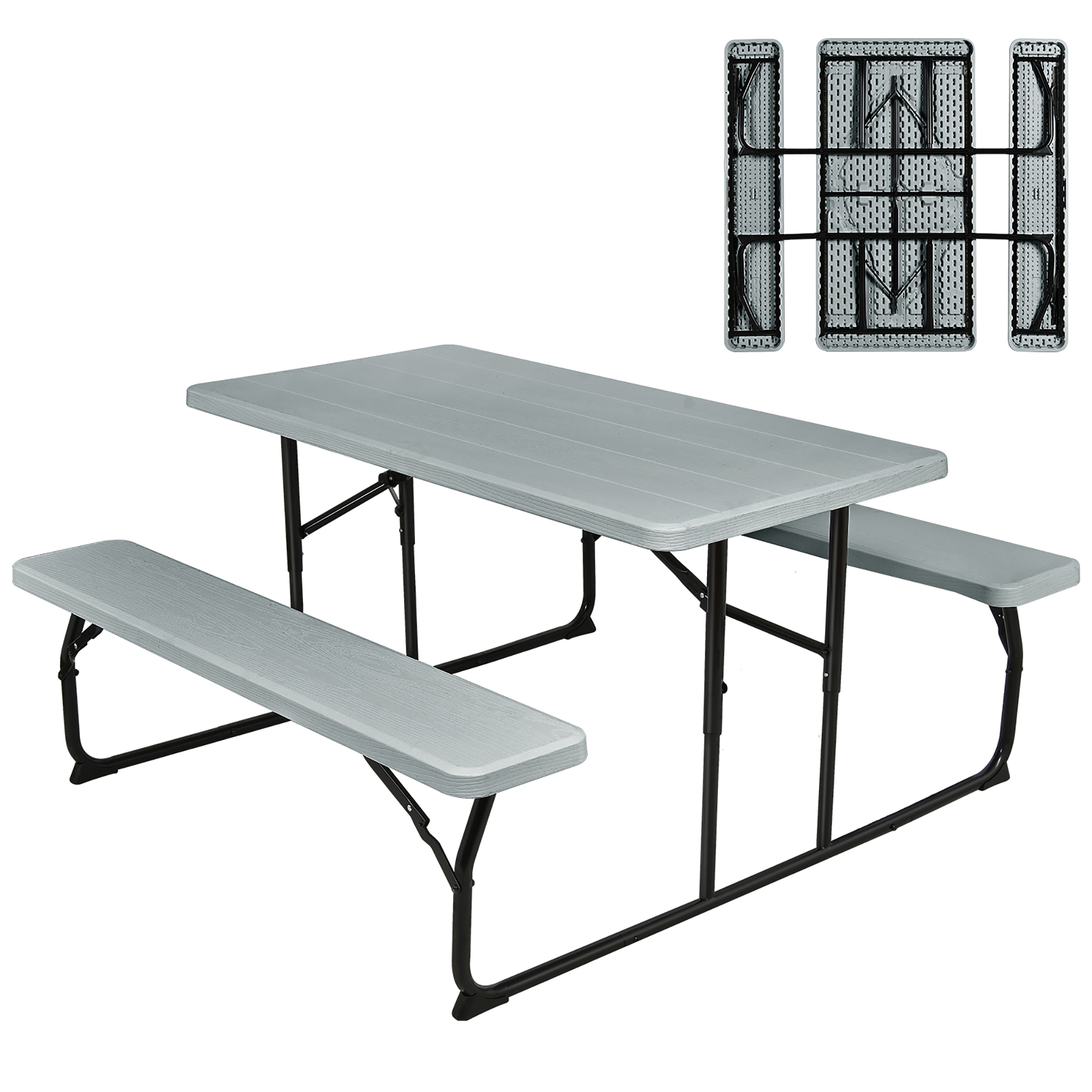 Folding Picnic Table Bench Set with Wood-Like Texture - Picnic Table Bench Set Grey