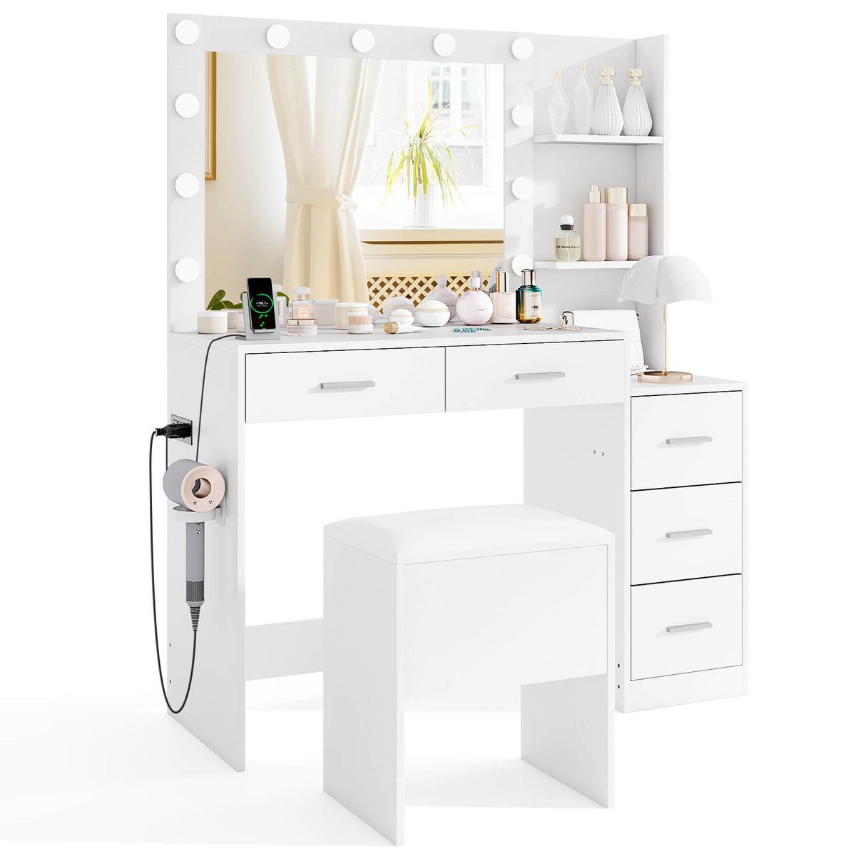 Vanity Desk with Mirror and Stool  - 43.5" Makeup Table-5 drawers