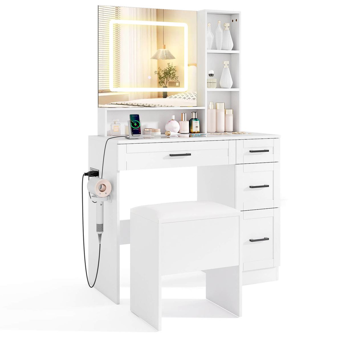 Vanity Desk with Mirror and Stool - 35.5" Makeup Table-4 drawers