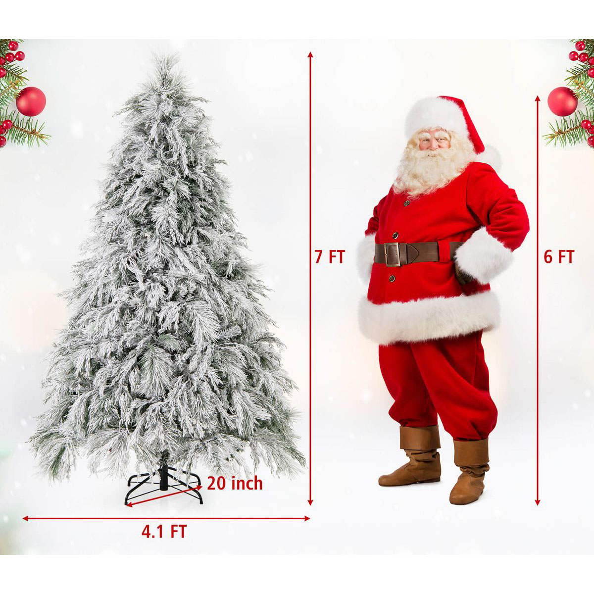 4.5/6/7-Foot Pre-Lit Snow Flocked Christmas Tree with Warm White LED Lights - 7ft. Christmas Tree