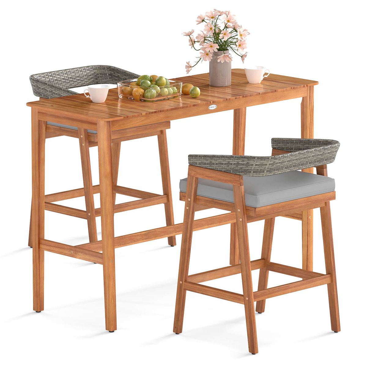 Patio Counter Height Bar Set with Cushioned Barstools - 3 PCS with 2 Cushioned
