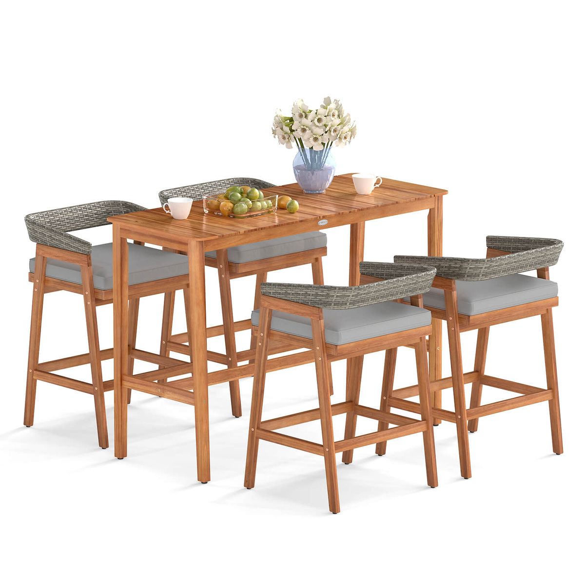 Patio Counter Height Bar Set with Cushioned Barstools - 5 PCS with 4 Cushioned