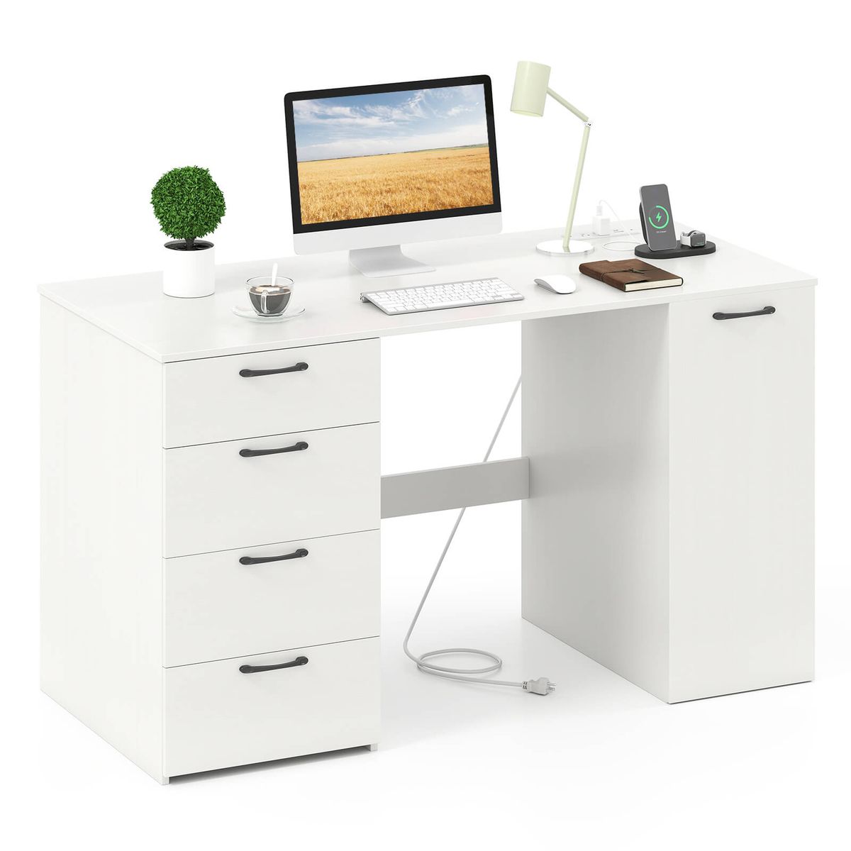 53"" Computer Desk with Built-In Power Outlets  - White