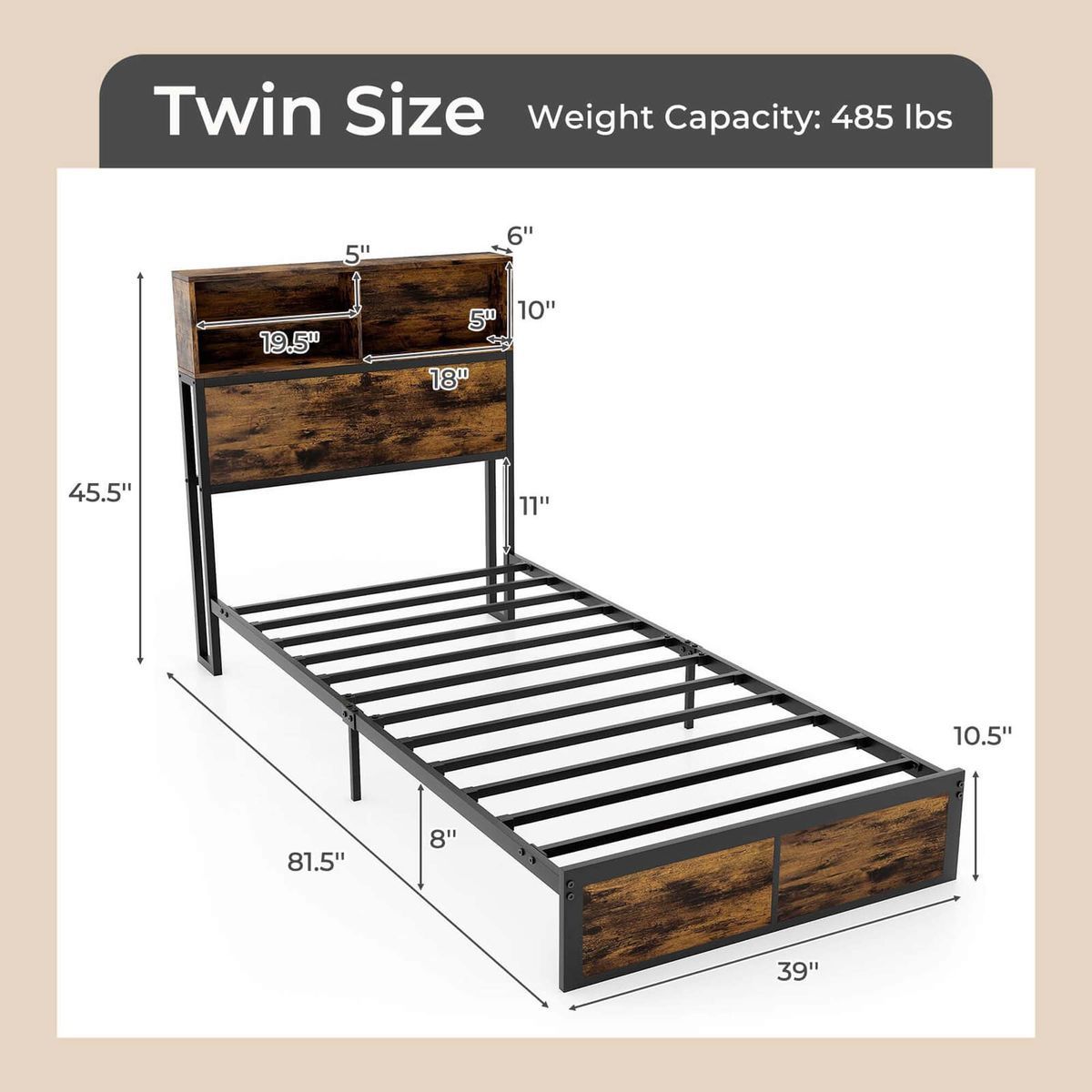 Bed Frame with Charging Station Headboad Shelves - Twin